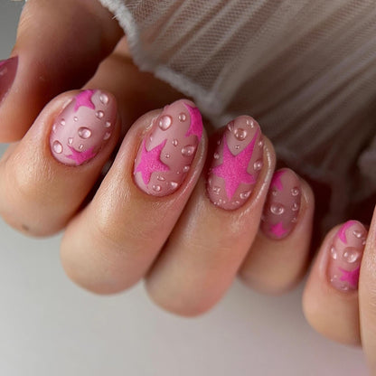 Pink Star Press On Nails, 3D Water Drop Nails, Y2K Kawaii Nail Set