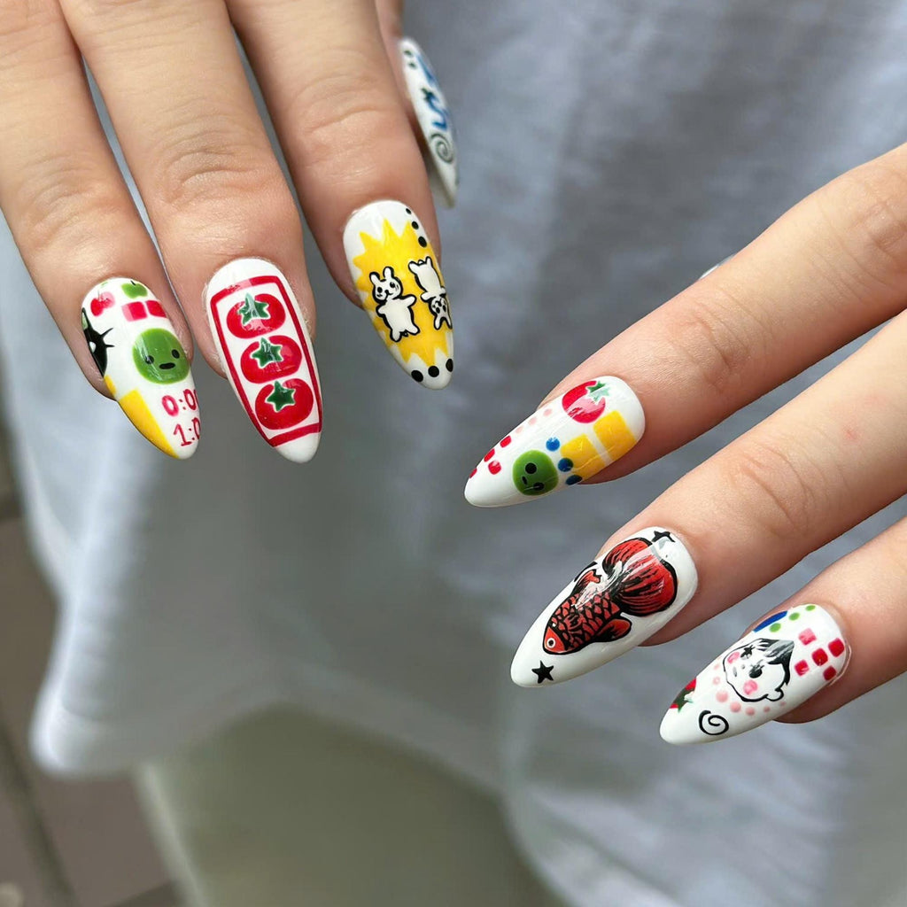 Kawaii Press On Nails with Cartoon Fruit & Bunny | Retro Pop Art Fake Nails in Almond Shape | Handmade Nail Art for Everyday|  JB470UG