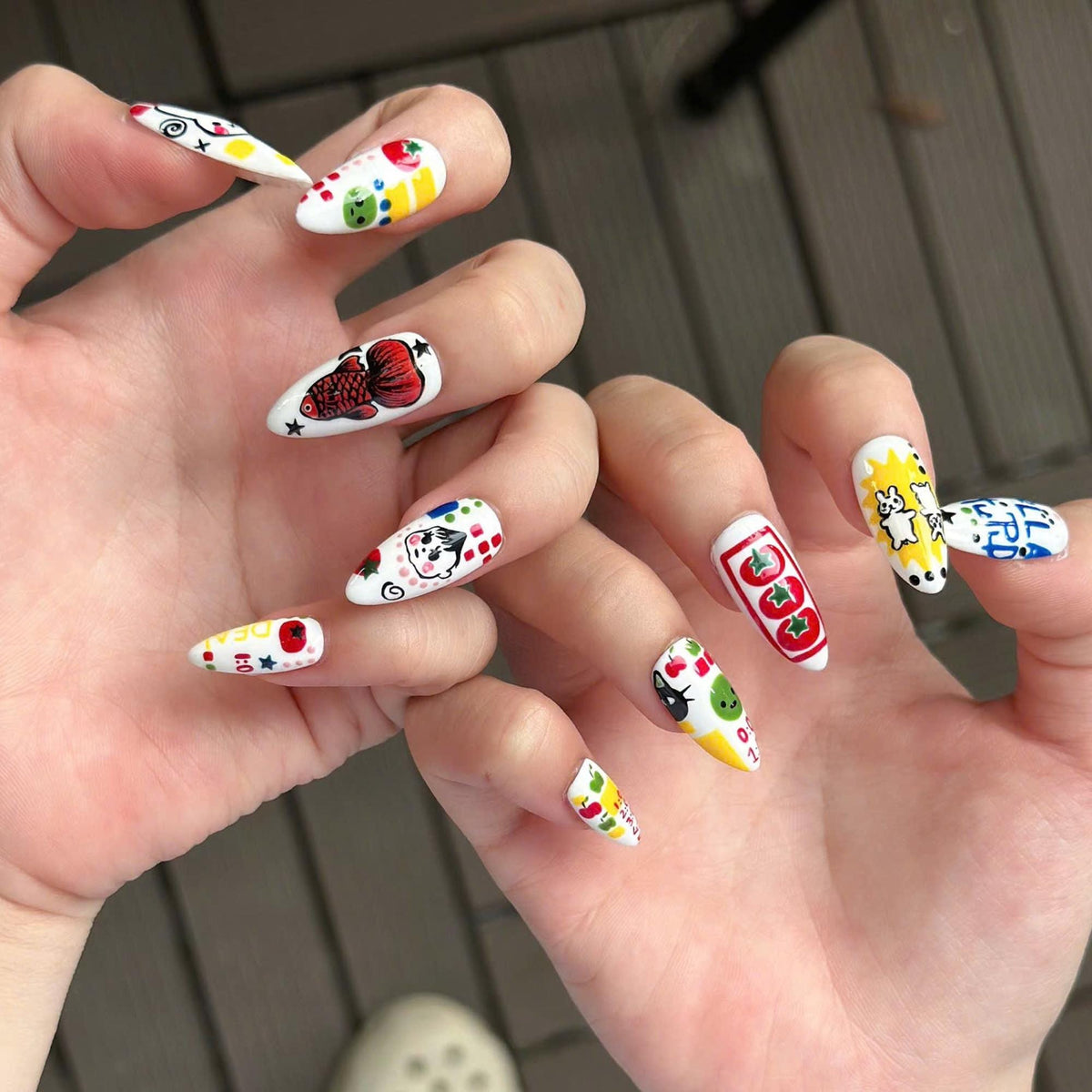 Kawaii Press On Nails with Cartoon Fruit & Bunny | Retro Pop Art Fake Nails in Almond Shape | Handmade Nail Art for Everyday|  JB470UG