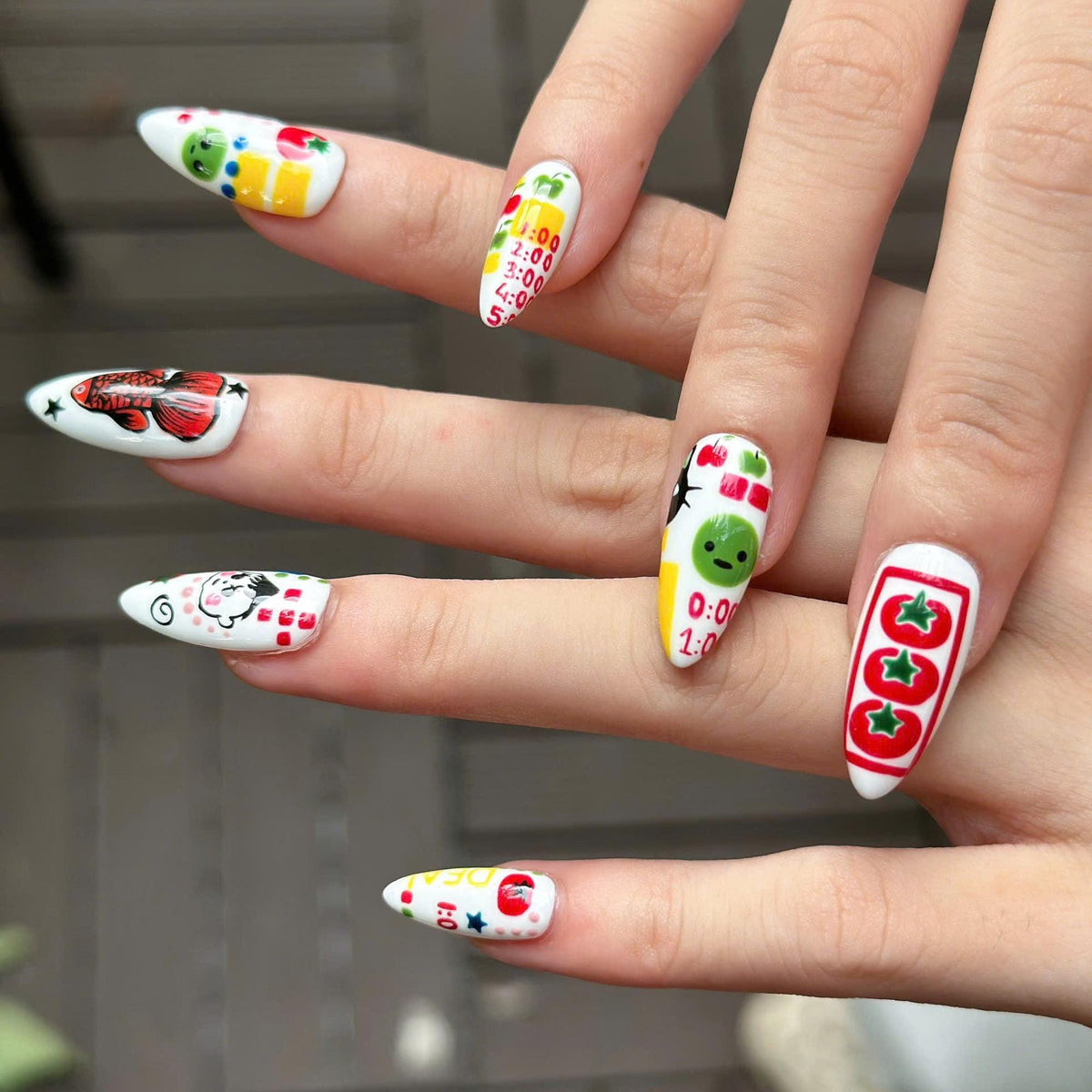 Kawaii Press On Nails with Cartoon Fruit & Bunny | Retro Pop Art Fake Nails in Almond Shape | Handmade Nail Art for Everyday|  JB470UG