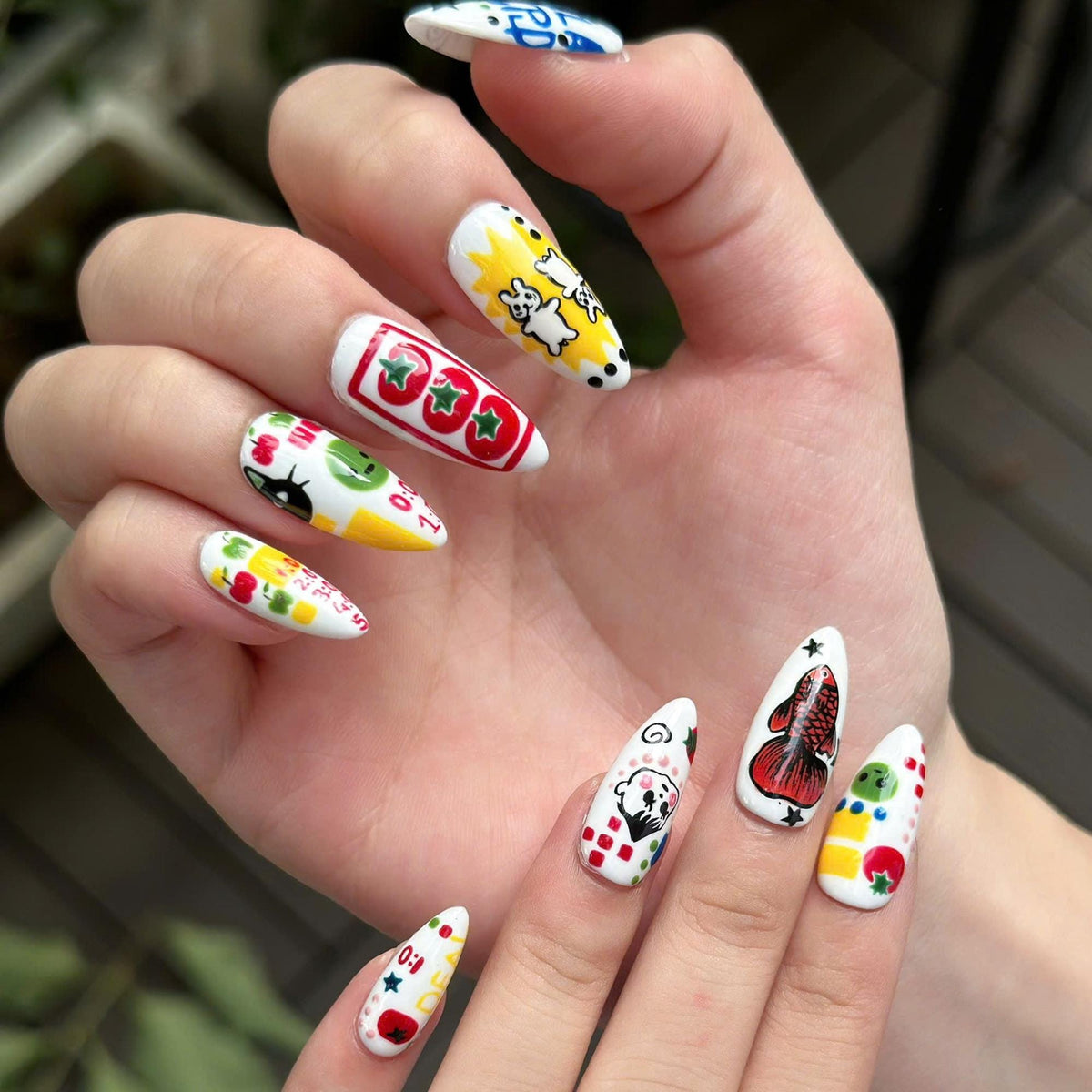 Kawaii Press On Nails with Cartoon Fruit & Bunny | Retro Pop Art Fake Nails in Almond Shape | Handmade Nail Art for Everyday|  JB470UG