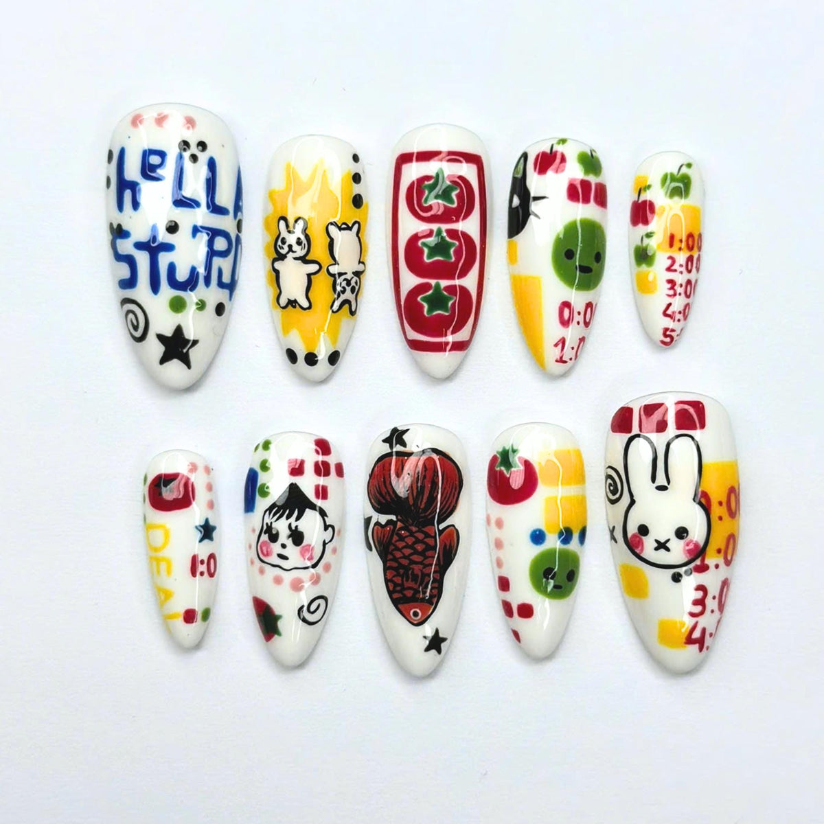 Kawaii Press On Nails with Cartoon Fruit & Bunny | Retro Pop Art Fake Nails in Almond Shape | Handmade Nail Art for Everyday|  JB470UG