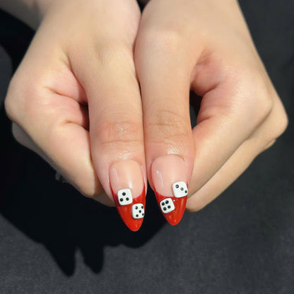 Casino Press On Nails with Dice & Poker Cards | Chrome Red Fake Nails in Almond Shape | Handmade Nail Art for Party, Concert | JB471UC