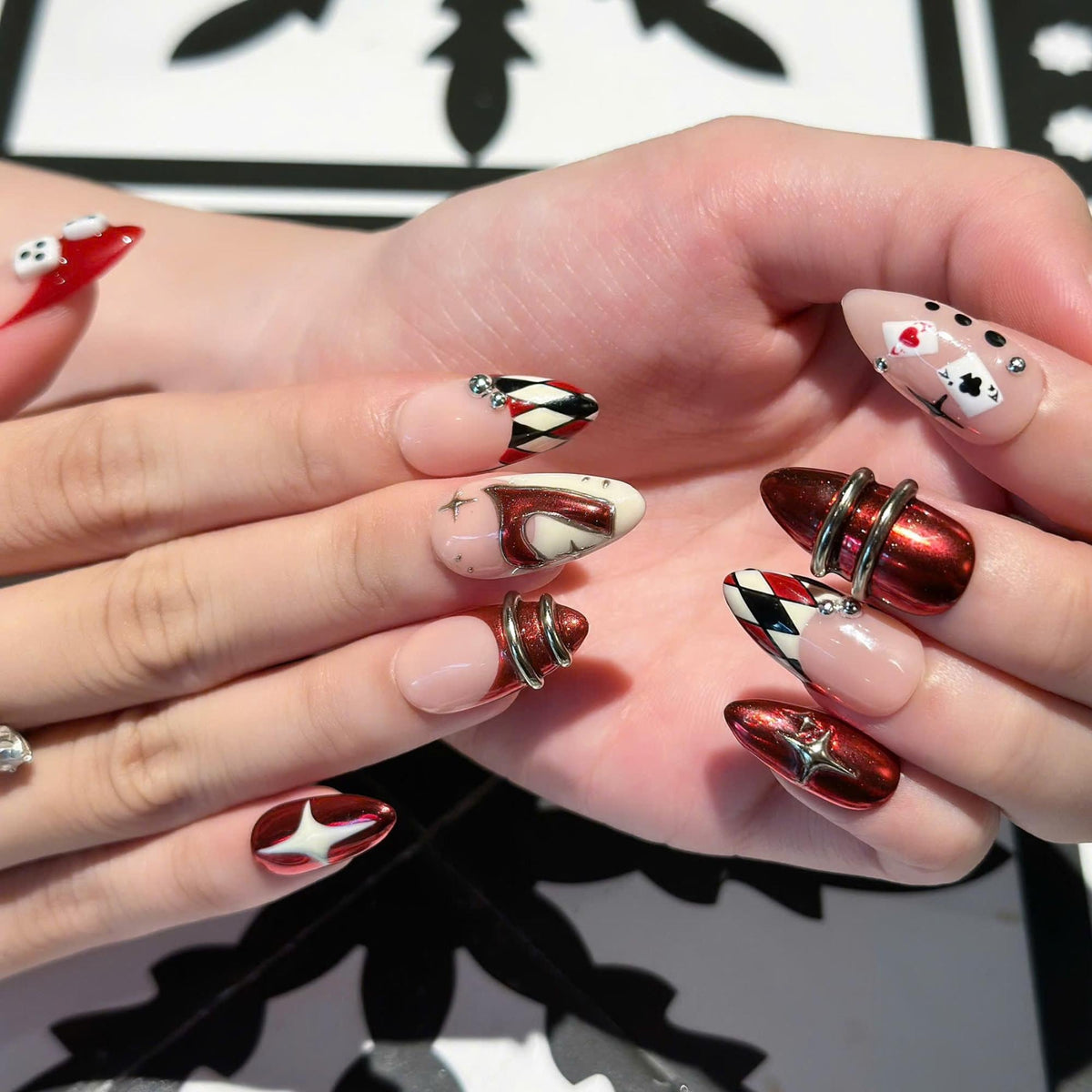 Casino Press On Nails with Dice & Poker Cards | Chrome Red Fake Nails in Almond Shape | Handmade Nail Art for Party, Concert | JB471UC