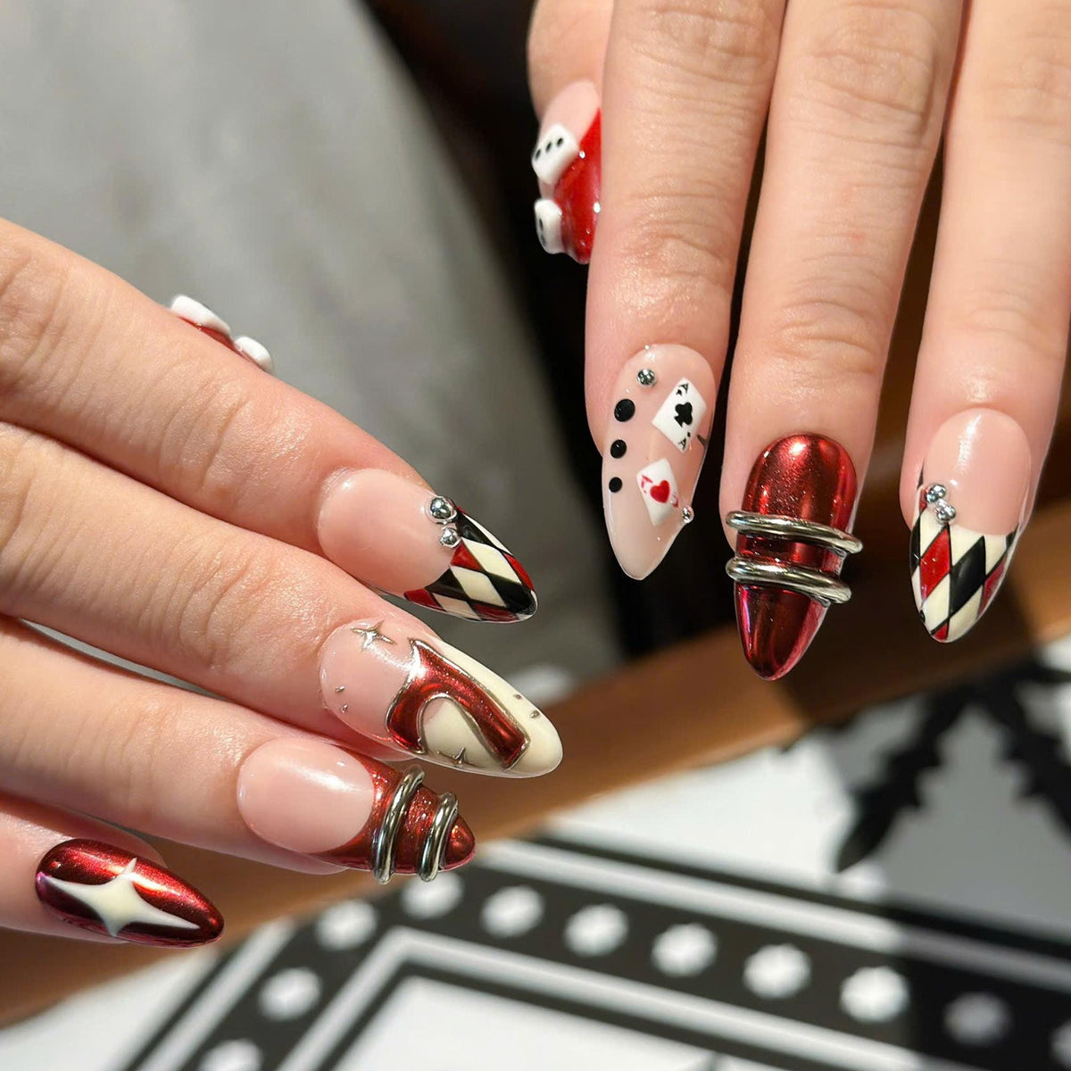 Casino Press On Nails with Dice & Poker Cards | Chrome Red Fake Nails in Almond Shape | Handmade Nail Art for Party, Concert | JB471UC