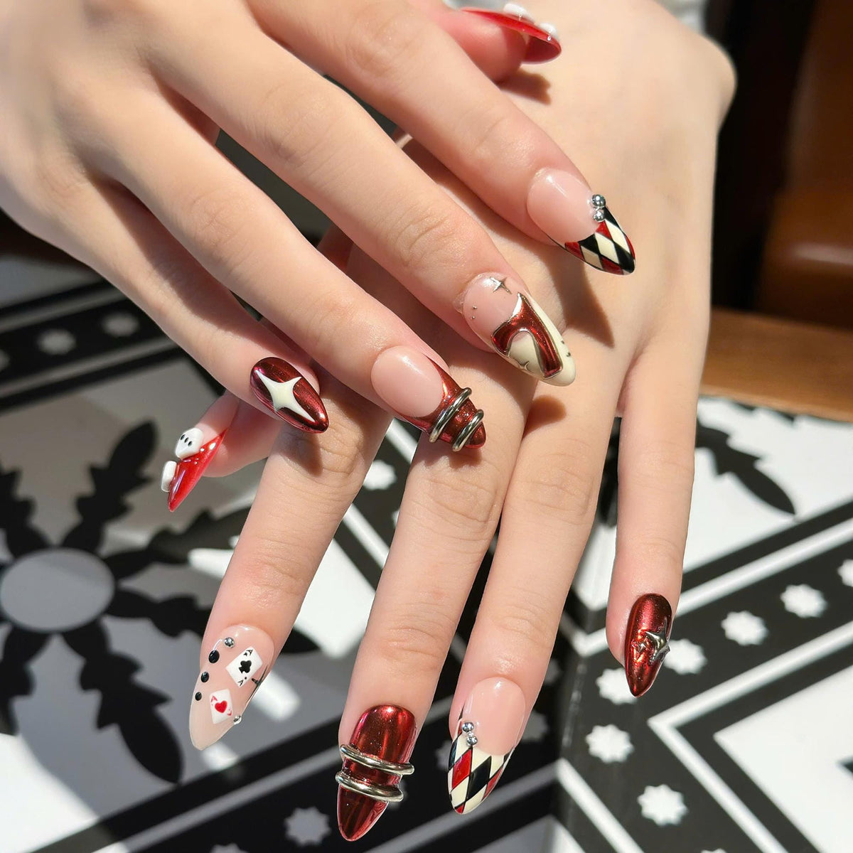 Casino Press On Nails with Dice & Poker Cards | Chrome Red Fake Nails in Almond Shape | Handmade Nail Art for Party, Concert | JB471UC