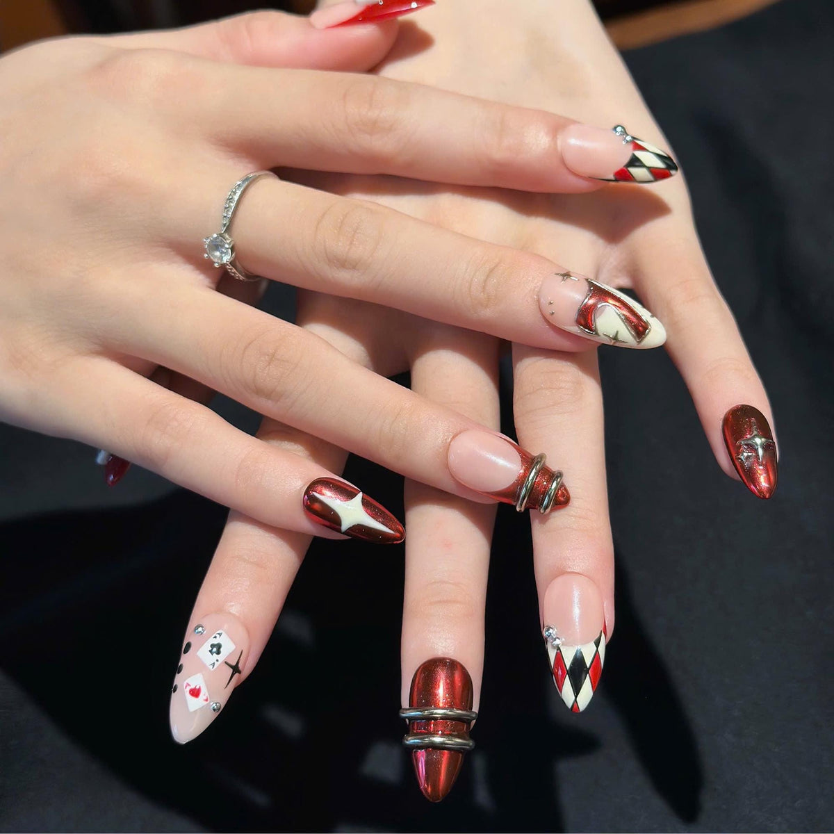 Casino Press On Nails with Dice & Poker Cards | Chrome Red Fake Nails in Almond Shape | Handmade Nail Art for Party, Concert | JB471UC