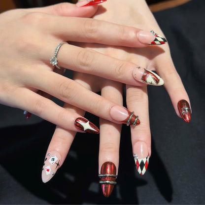 Casino Press On Nails with Dice & Poker Cards | Chrome Red Fake Nails in Almond Shape | Handmade Nail Art for Party, Concert | JB471UC