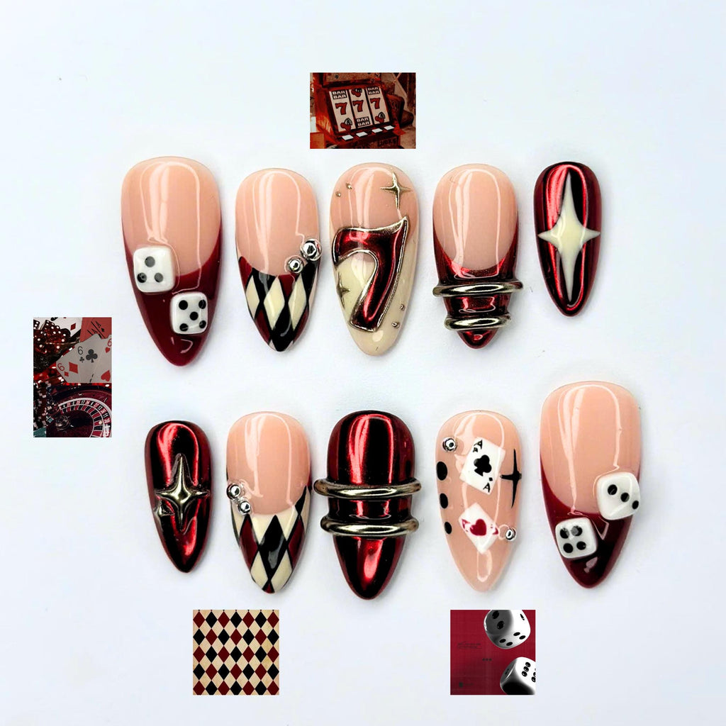 Casino Press On Nails with Dice & Poker Cards | Chrome Red Fake Nails in Almond Shape | Handmade Nail Art for Party, Concert | JB471UC