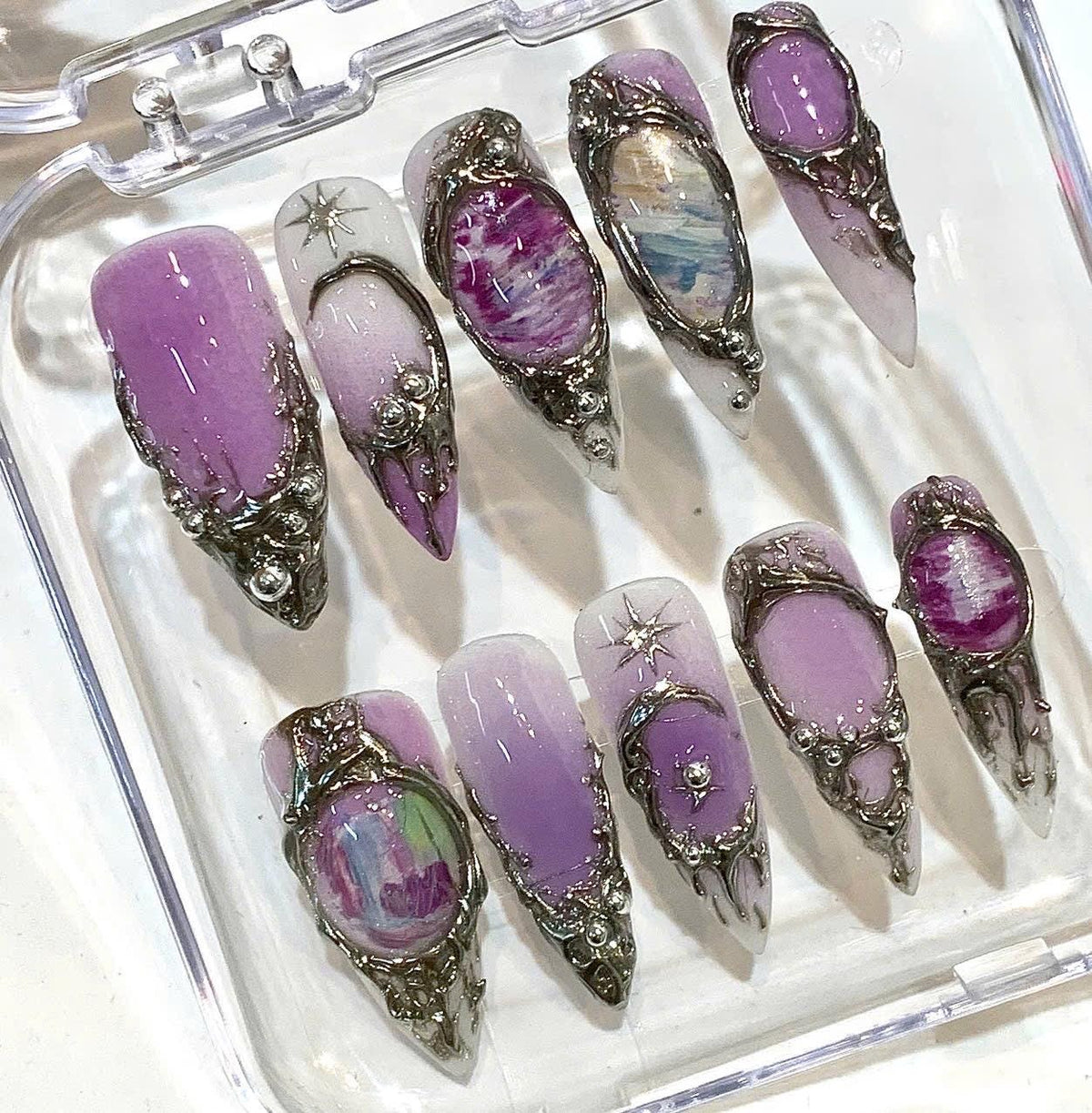 Purple Galaxy Press On Nails | Amethyst Crystal Celestial Silver Frame Fake Nails