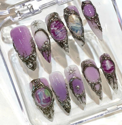 Purple Galaxy Press On Nails | Amethyst Crystal Celestial Silver Frame Fake Nails