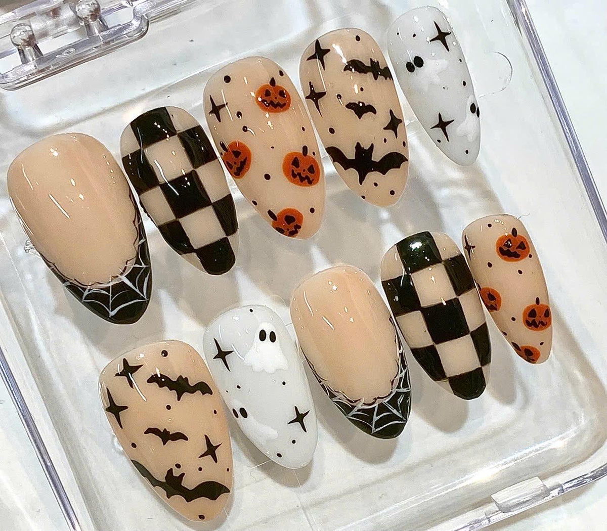 Halloween Press On Nails | Ghost Pumpkin Bat Checkerboard Spooky Fall Set