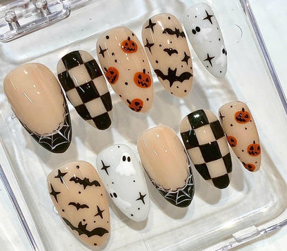 Halloween Press On Nails | Ghost Pumpkin Bat Checkerboard Spooky Fall Set