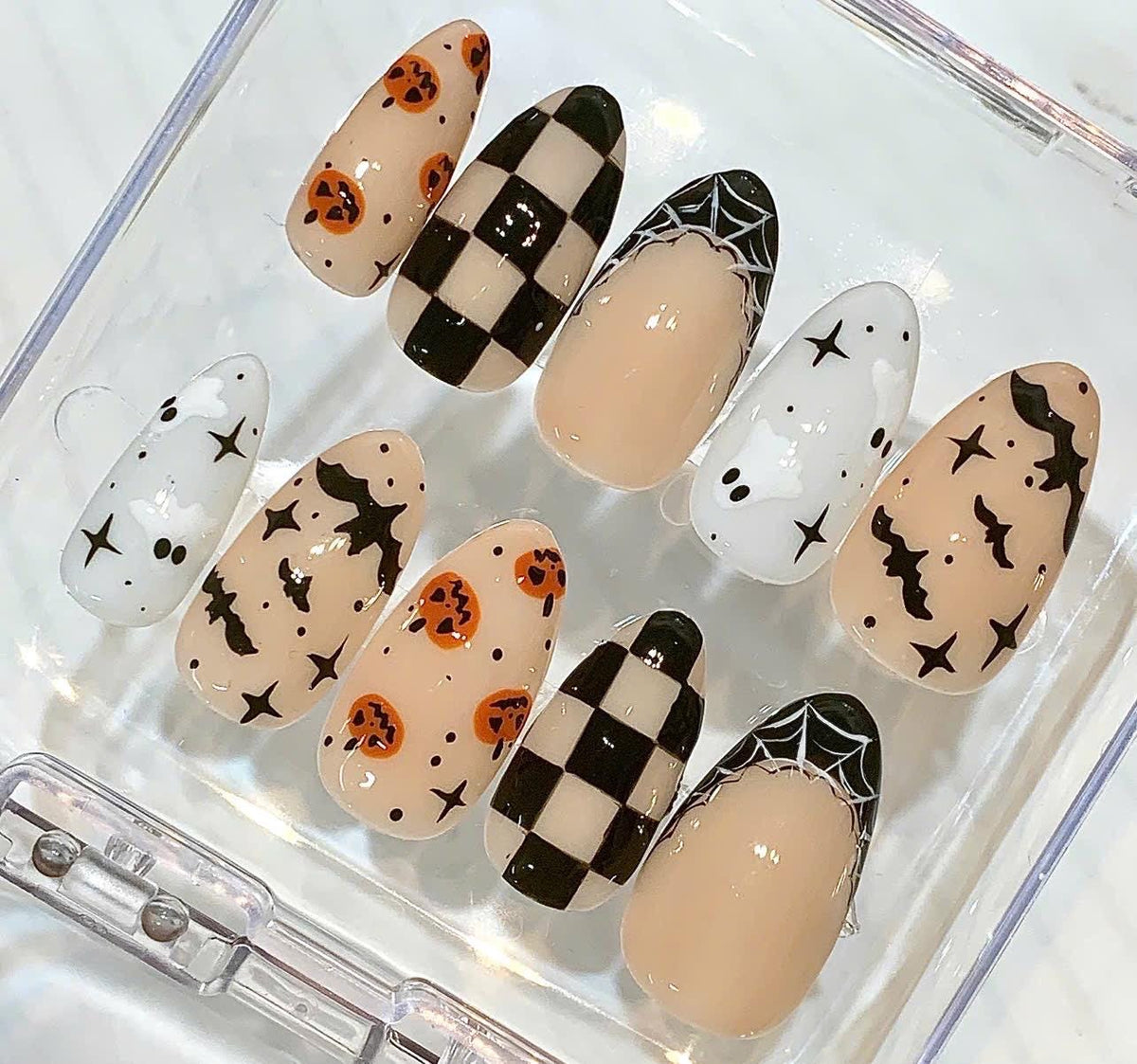 Halloween Press On Nails | Ghost Pumpkin Bat Checkerboard Spooky Fall Set