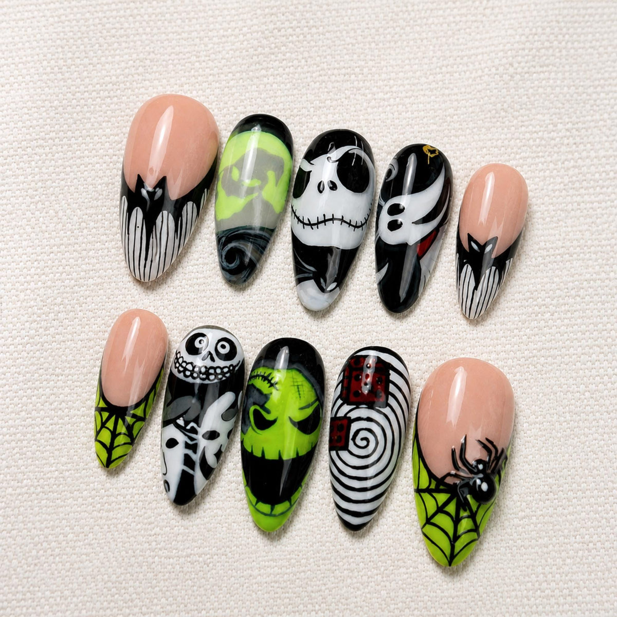 Halloween Press On Nails, Spider Web Skull Nails, Gothic Stiletto Nails