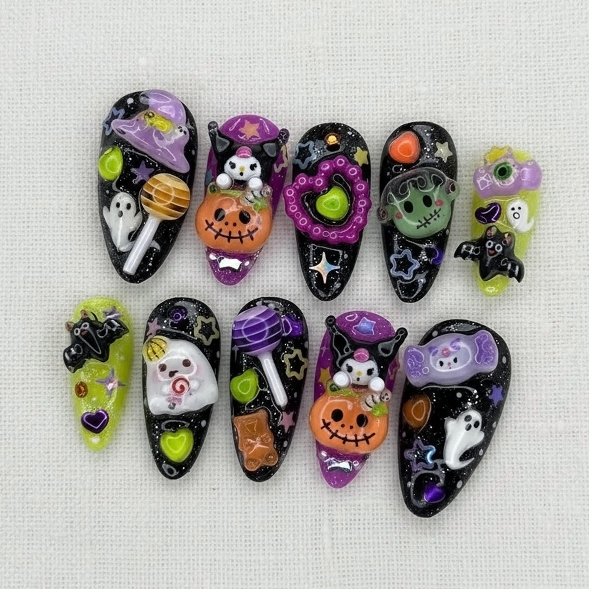 3D Spooky Halloween Press On Nails, Cute Ghost Alien Pumpkin Nails, Black Creepy Nail Set