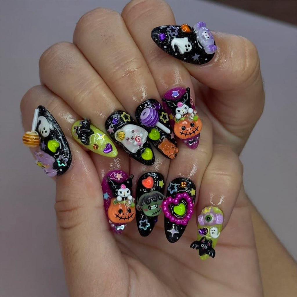 3D Spooky Halloween Press On Nails, Cute Ghost Alien Pumpkin Nails, Black Creepy Nail Set