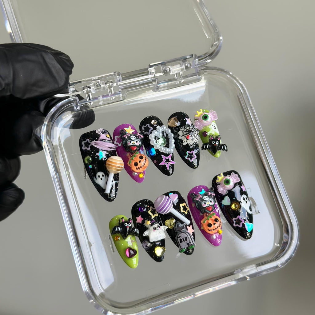 3D Spooky Halloween Press On Nails, Cute Ghost Alien Pumpkin Nails, Black Creepy Nail Set