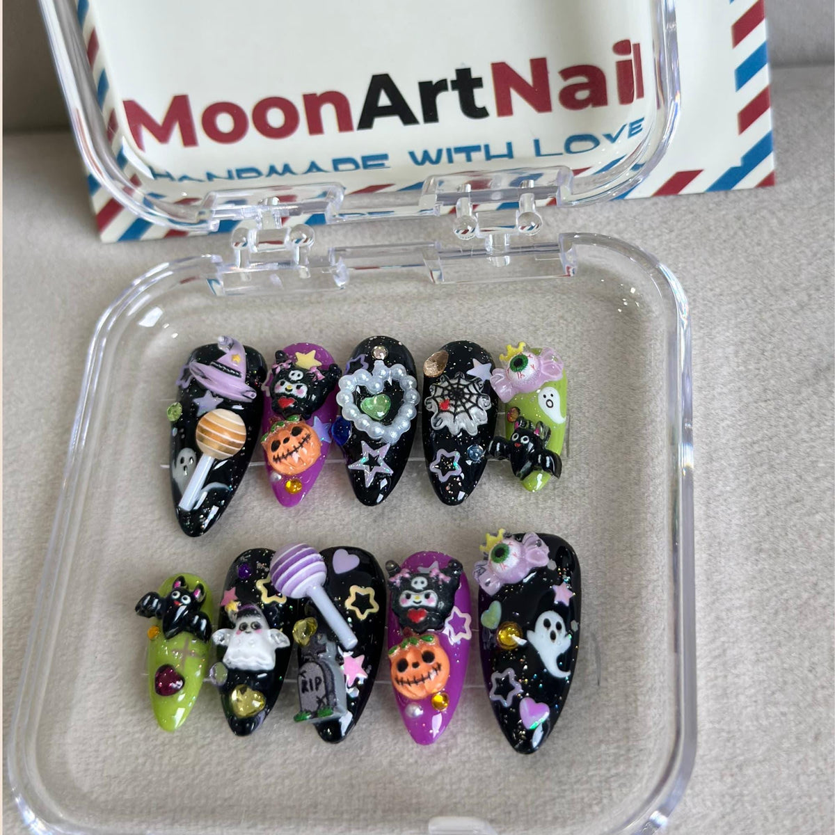 3D Spooky Halloween Press On Nails, Cute Ghost Alien Pumpkin Nails, Black Creepy Nail Set