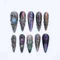 Spider Web Press On Nails, Dark Fantasy Chrome, 3D Metallic Gothic Statement, Almond Shape JB468WG