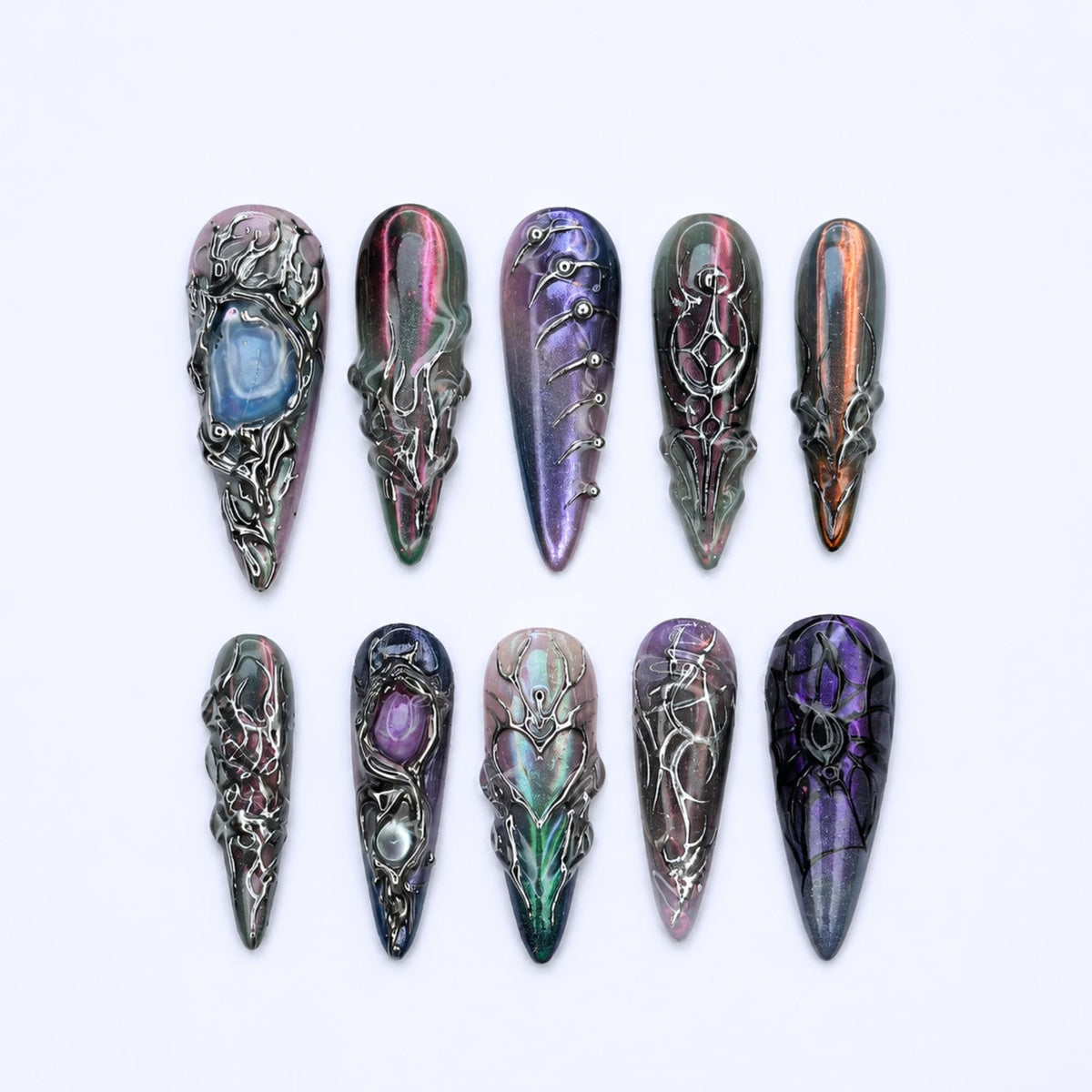 Spider Web Press On Nails, Dark Fantasy Chrome, 3D Metallic Gothic Statement, Almond Shape JB468WG