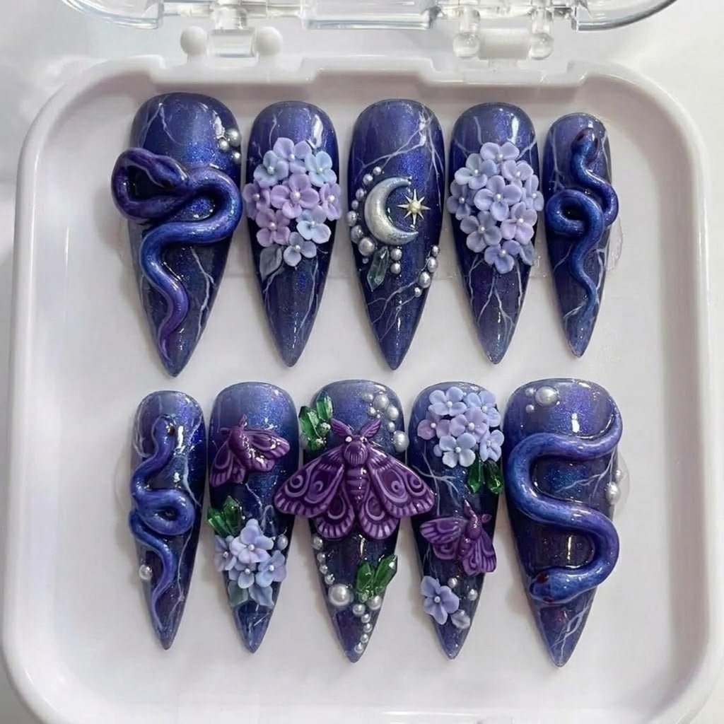 Mystical Snake Press On Nails | Gothic Fairycore Aesthetic | Trendy Stiletto Nails | 3D Moth Mini Daisy Nail | Sculpted Hand Painted Nail