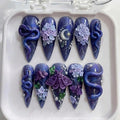Mystical Snake Press On Nails | Gothic Fairycore Aesthetic | Trendy Stiletto Nails | 3D Moth Mini Daisy Nail | Sculpted Hand Painted Nail