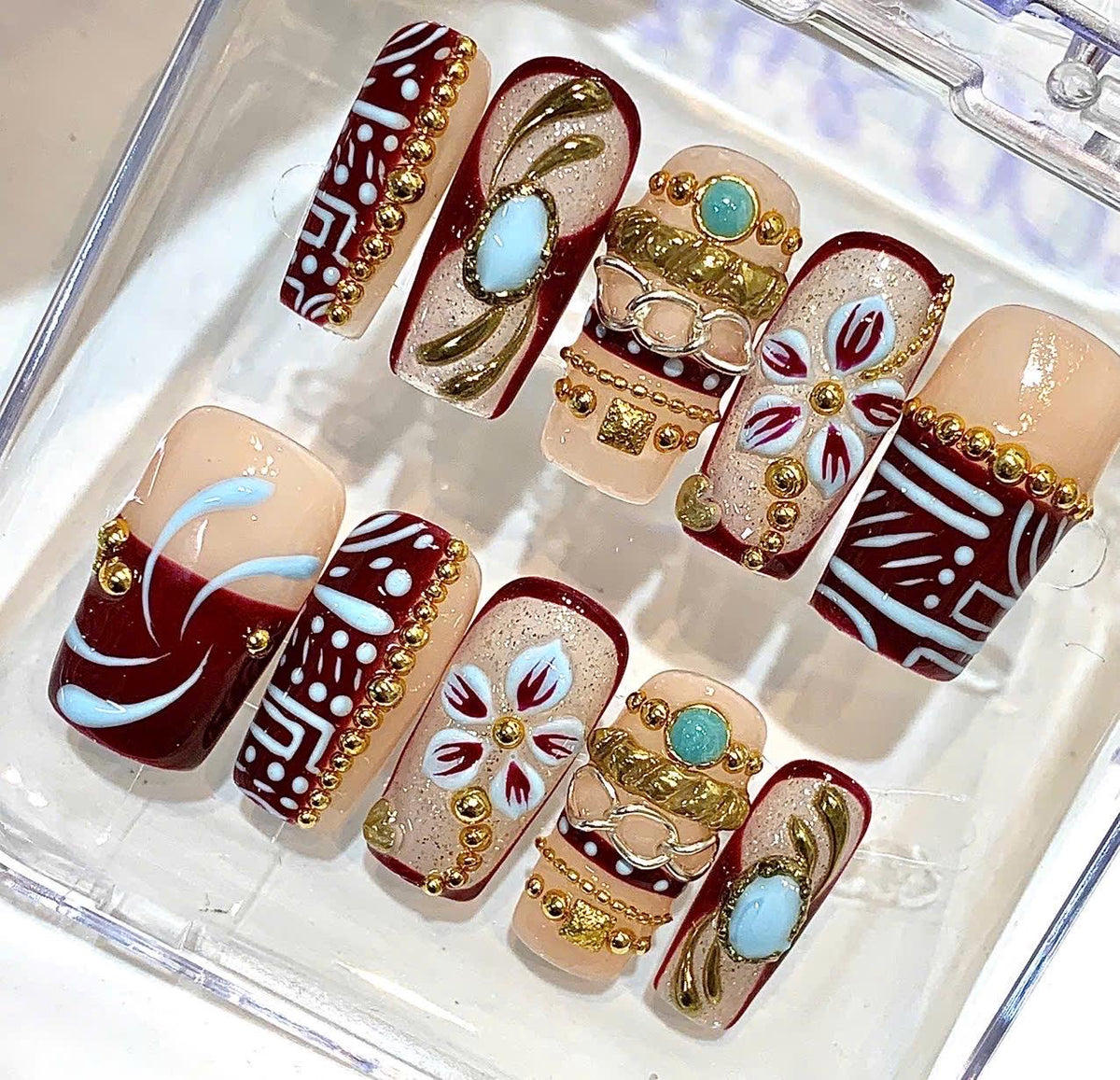 Burgundy Gold Floral Press On Nails, Turquoise Boho Folk Art Set