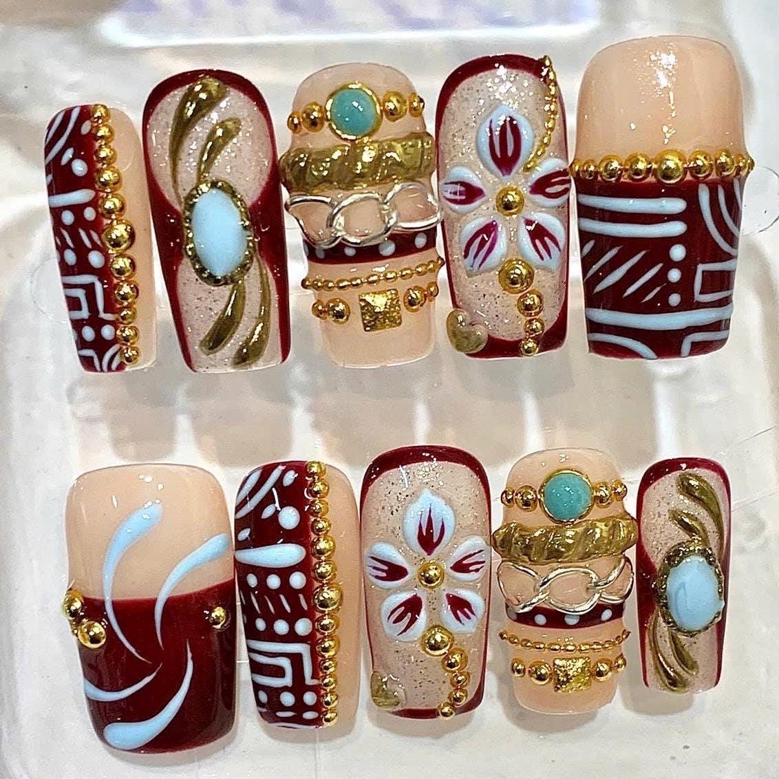 Burgundy Gold Floral Press On Nails, Turquoise Boho Folk Art Set
