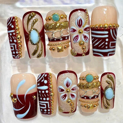 Burgundy Gold Floral Press On Nails, Turquoise Boho Folk Art Set