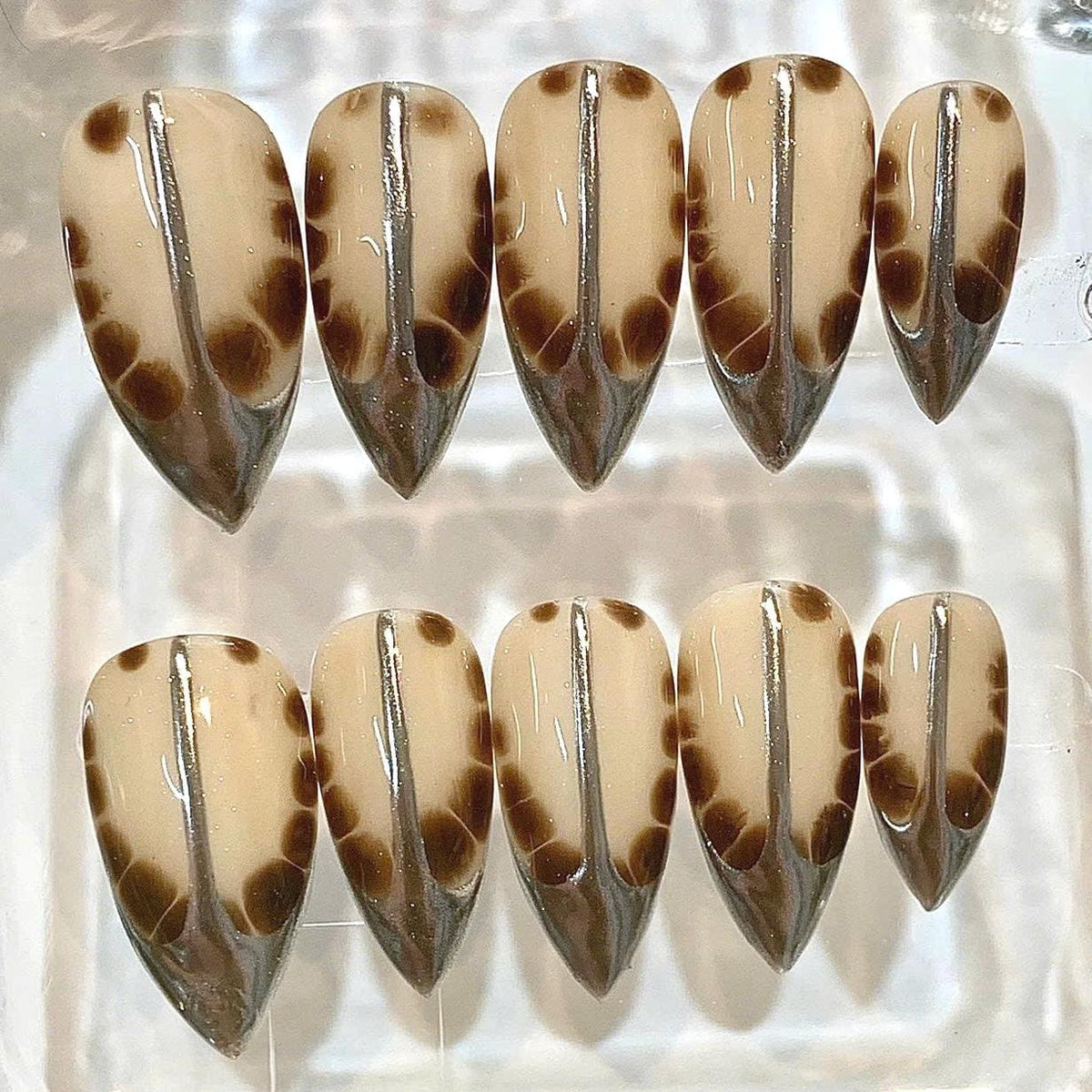 Handmade Tortoiseshell Stiletto Press On Nails, Neutral Chrome Animal Print Set