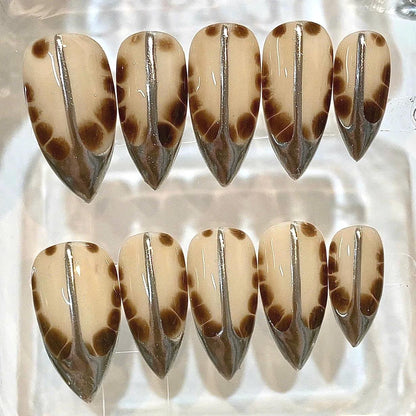 Handmade Tortoiseshell Stiletto Press On Nails, Neutral Chrome Animal Print Set