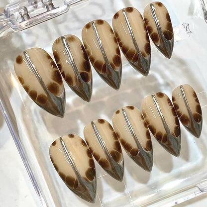 Handmade Tortoiseshell Stiletto Press On Nails, Neutral Chrome Animal Print Set