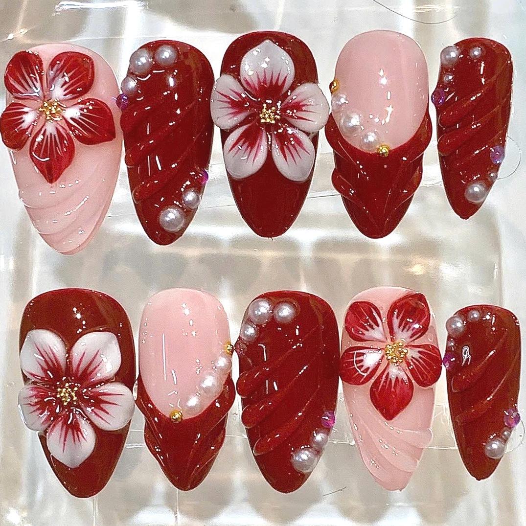 Red Floral Press On Nails, Burgundy Pearl 3D Flower Set, Romantic Valentine Luxury Nails