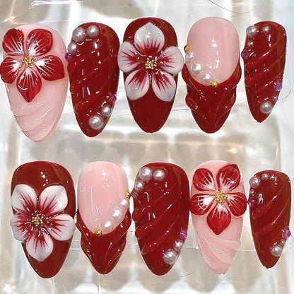 Red Floral Press On Nails, Burgundy Pearl 3D Flower Set, Romantic Valentine Luxury Nails