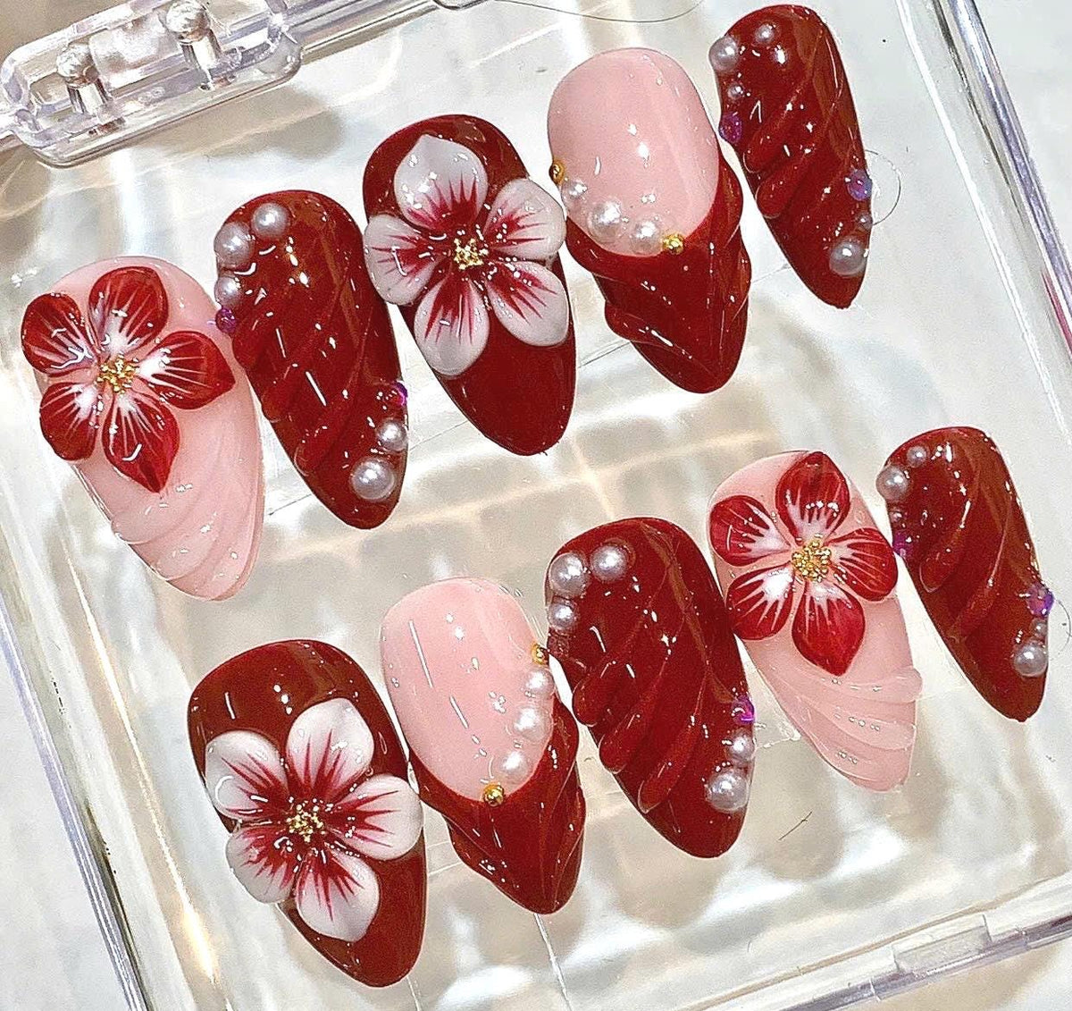 Red Floral Press On Nails, Burgundy Pearl 3D Flower Set, Romantic Valentine Luxury Nails
