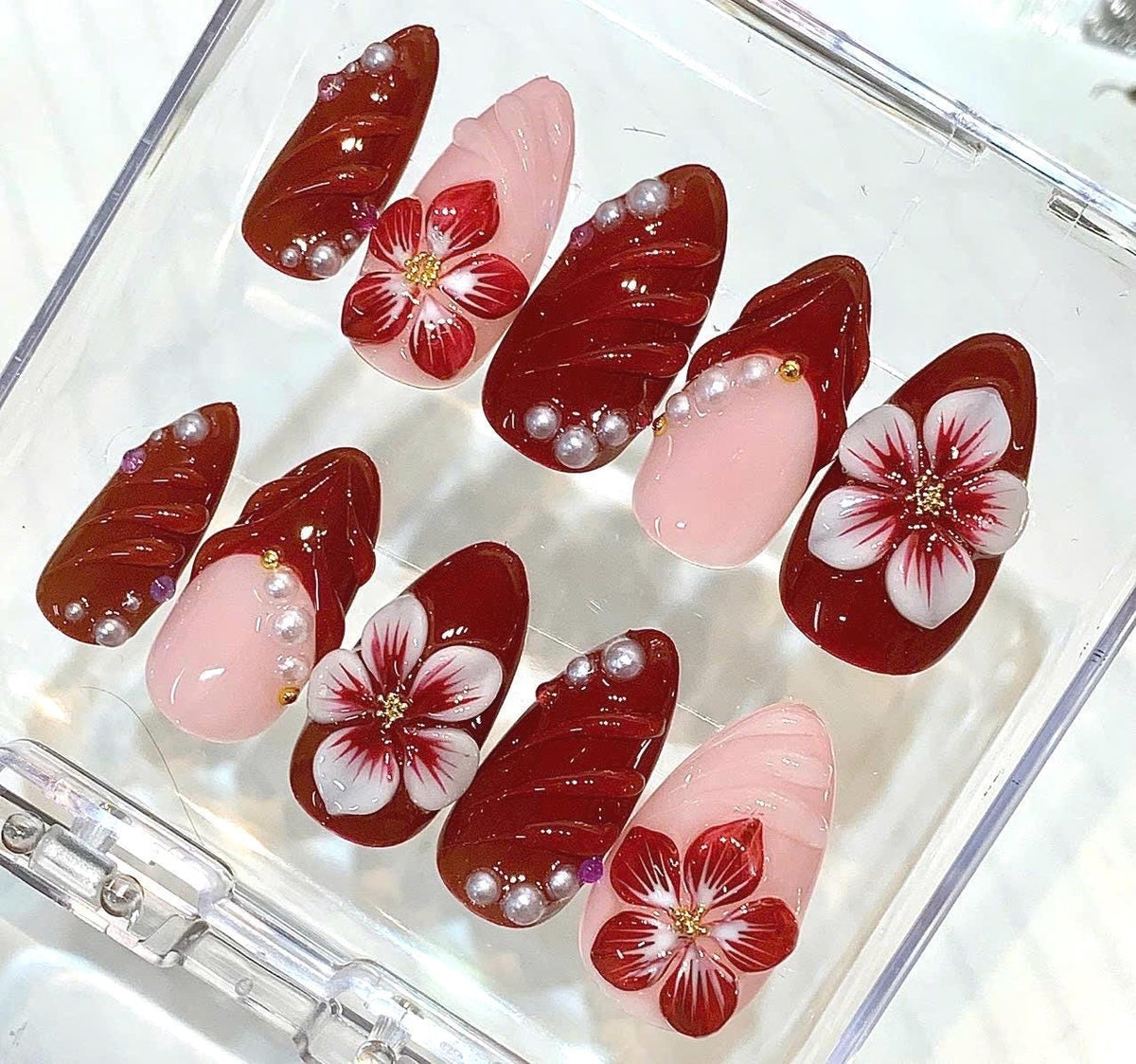 Red Floral Press On Nails, Burgundy Pearl 3D Flower Set, Romantic Valentine Luxury Nails