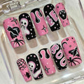 Pink & Black Halloween Press On Nails – Spooky Ghost Bat Art