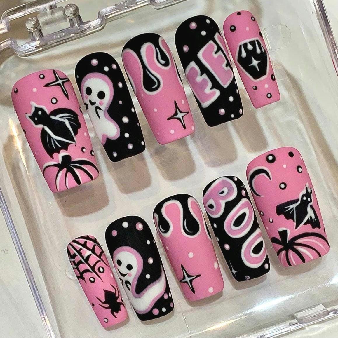 Pink & Black Halloween Press On Nails – Spooky Ghost Bat Art