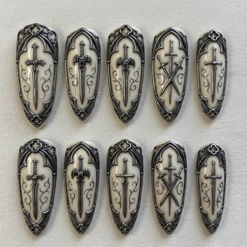 3D Silver Sword Press On Nails | Dark Medieval Fantasy Vibe | Edgy Gothic Stiletto | Ornate Cross Art Nail | 3D Chrome Armor Nail