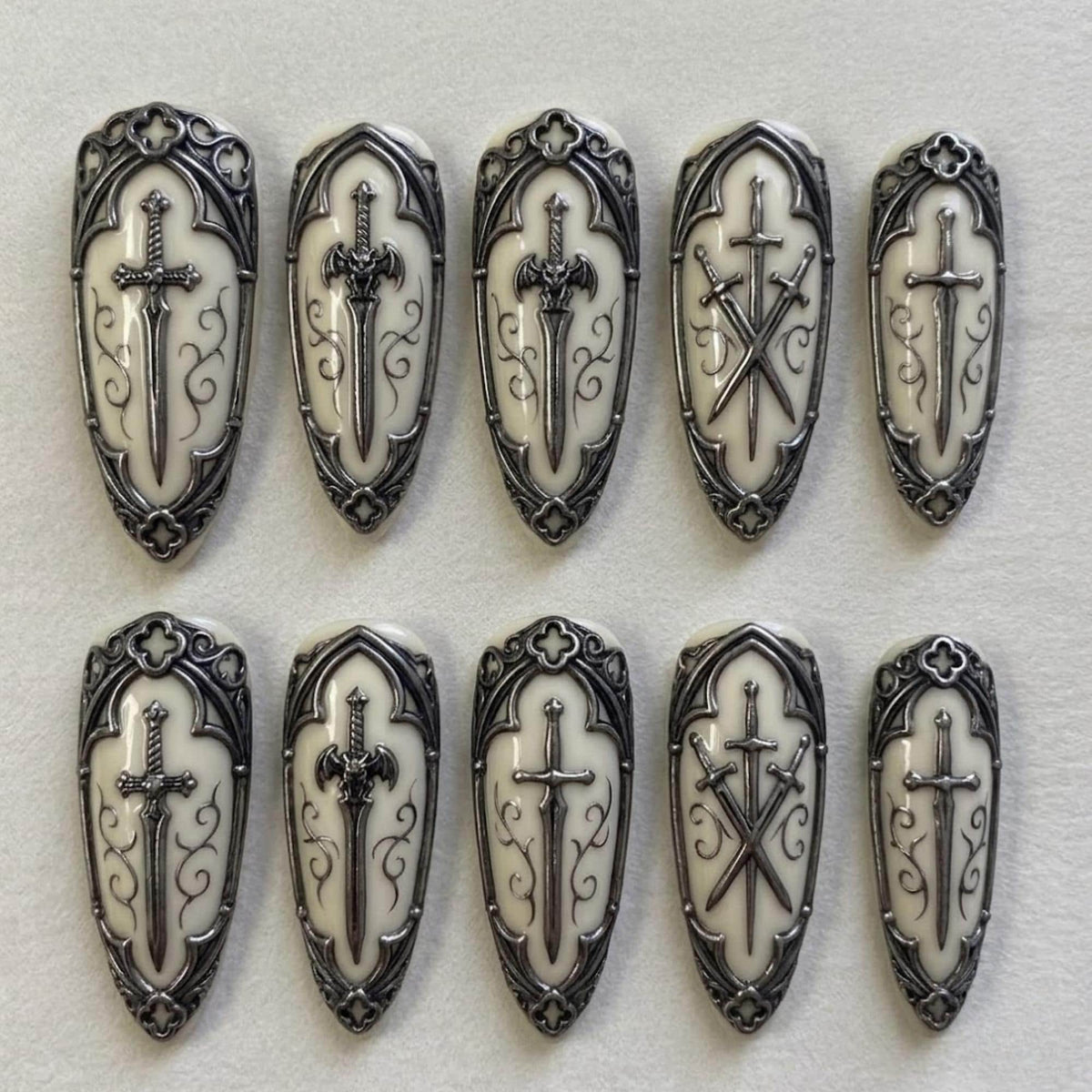 3D Silver Sword Press On Nails | Dark Medieval Fantasy Vibe | Edgy Gothic Stiletto | Ornate Cross Art Nail | 3D Chrome Armor Nail