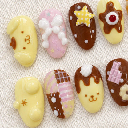 Kawaii Chocolate Press On Nails, 3D Pudding Nails, Cute Dessert Nail Set