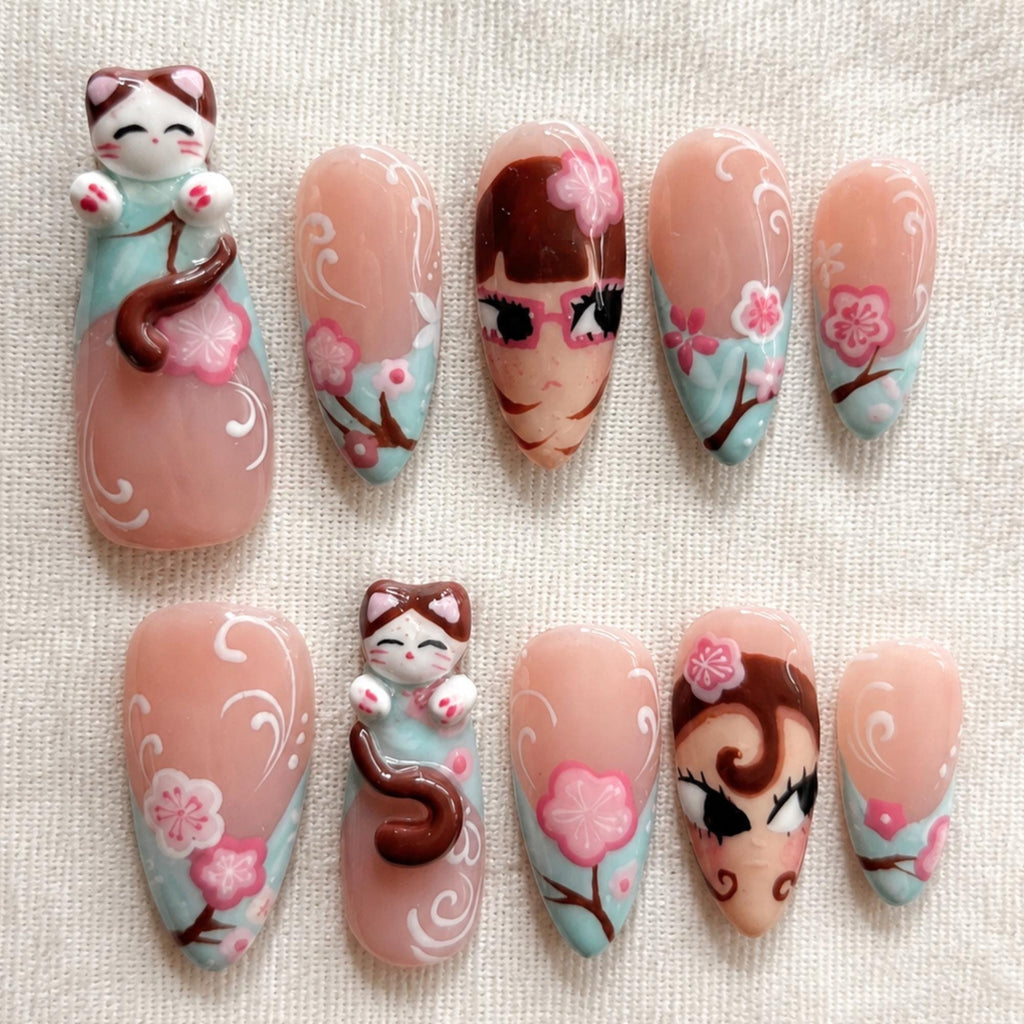 Sakura Cat Press On Nails, Kawaii Japanese Anime Nails, Handmade Fake Nails
