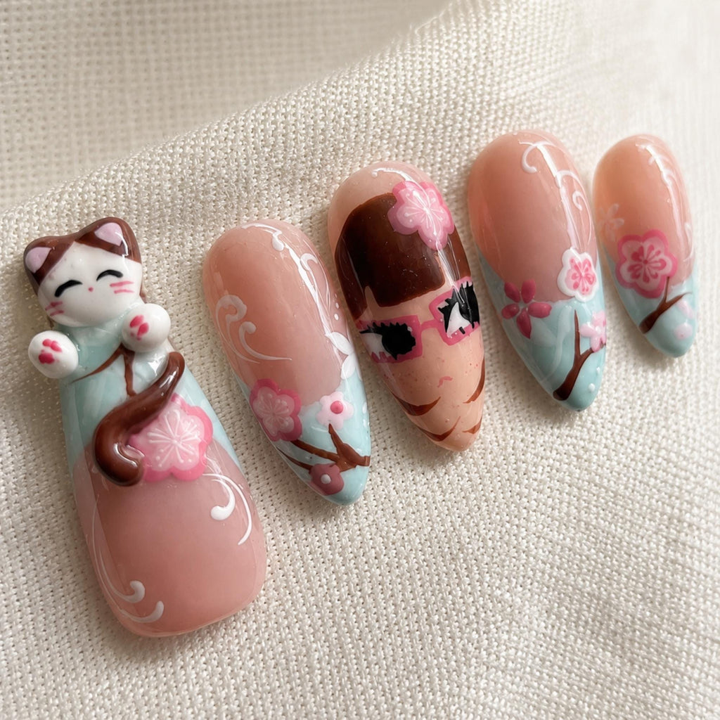 Sakura Cat Press On Nails, Kawaii Japanese Anime Nails, Handmade Fake Nails