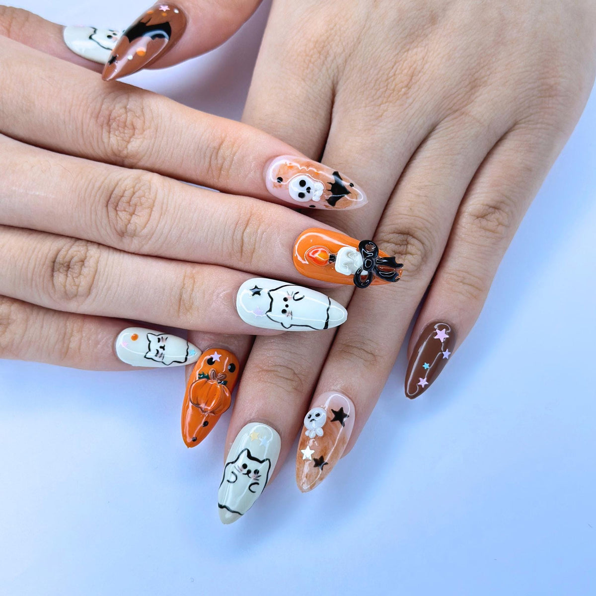 Halloween Press On Nails with Cute Ghost Cat , 3D Pumpkin Nail Art , Handmade Fall Nails for Halloween Party , Press On Nails set | JB472WG