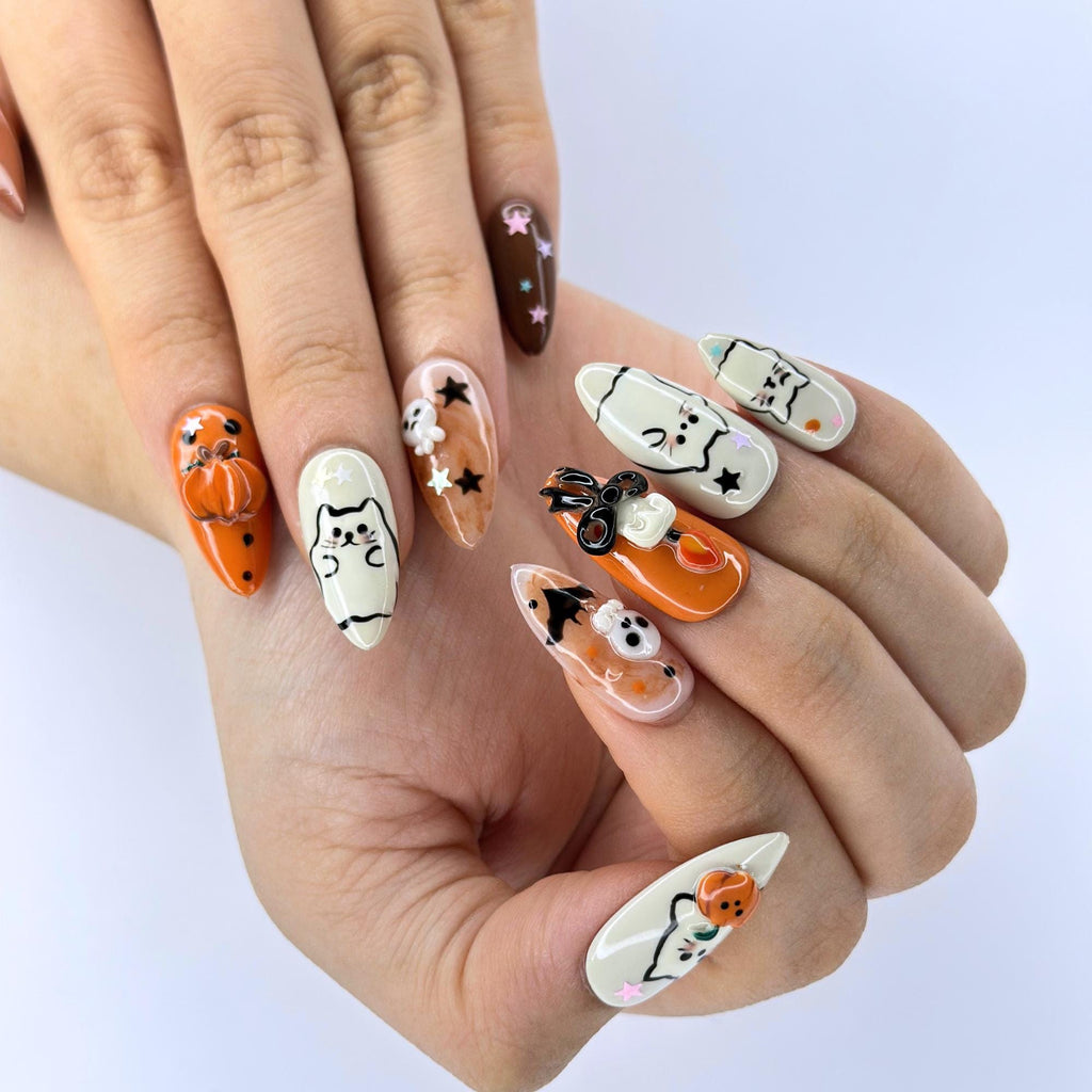 Halloween Press On Nails with Cute Ghost Cat , 3D Pumpkin Nail Art , Handmade Fall Nails for Halloween Party , Press On Nails set | JB472WG