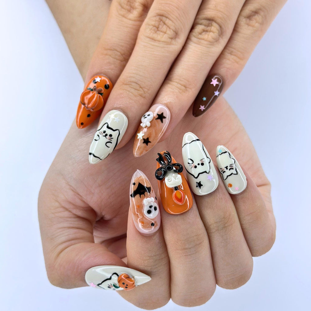 Halloween Press On Nails with Cute Ghost Cat , 3D Pumpkin Nail Art , Handmade Fall Nails for Halloween Party , Press On Nails set | JB472WG