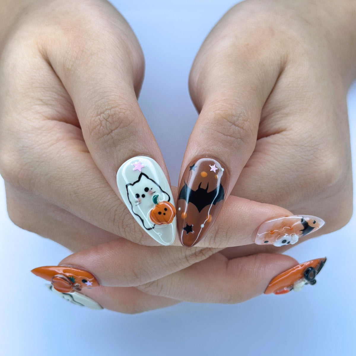 Halloween Press On Nails with Cute Ghost Cat , 3D Pumpkin Nail Art , Handmade Fall Nails for Halloween Party , Press On Nails set | JB472WG