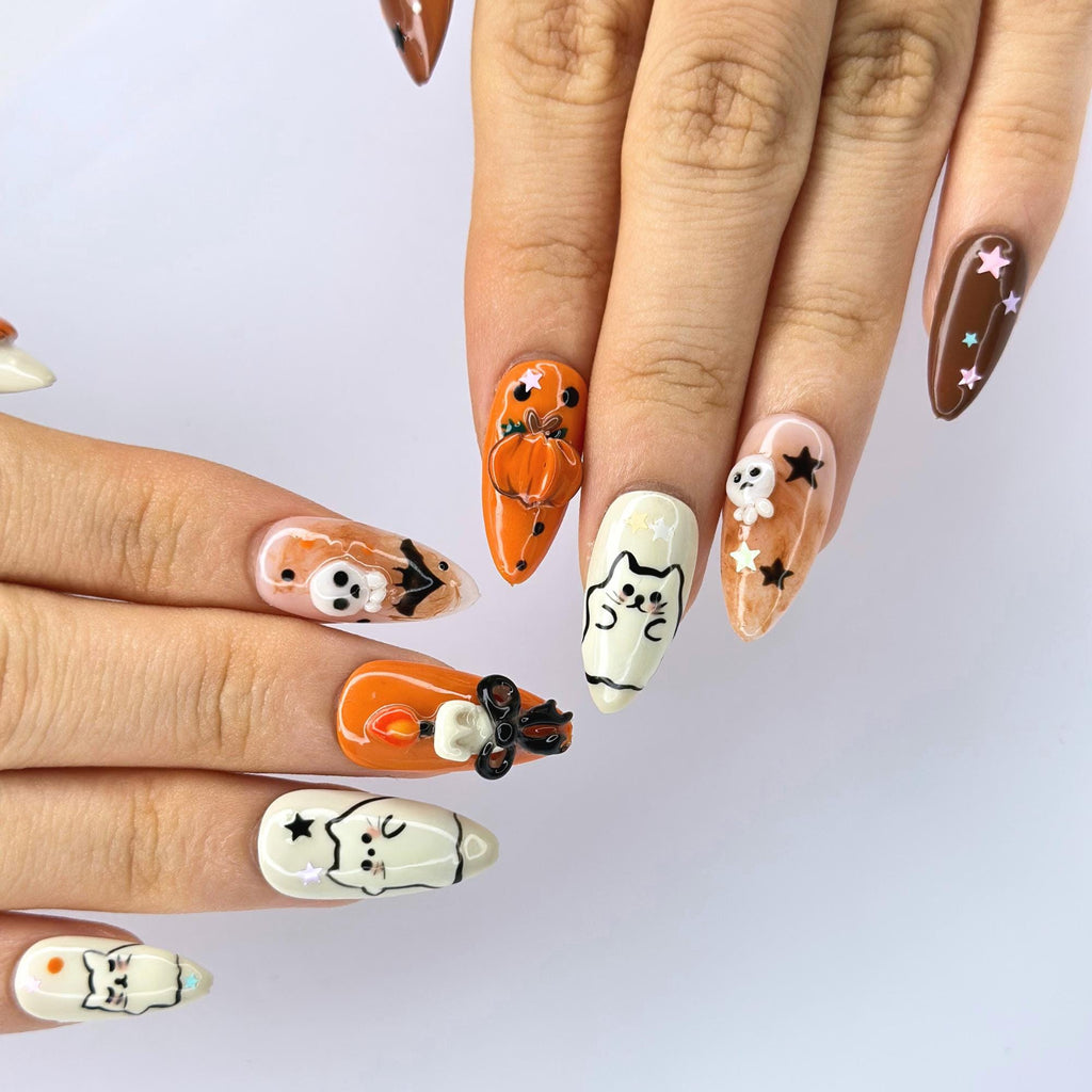 Halloween Press On Nails with Cute Ghost Cat , 3D Pumpkin Nail Art , Handmade Fall Nails for Halloween Party , Press On Nails set | JB472WG