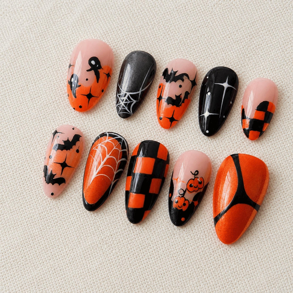 Spooky Halloween Press On Nails, Orange Black Spider Web Bat Nails